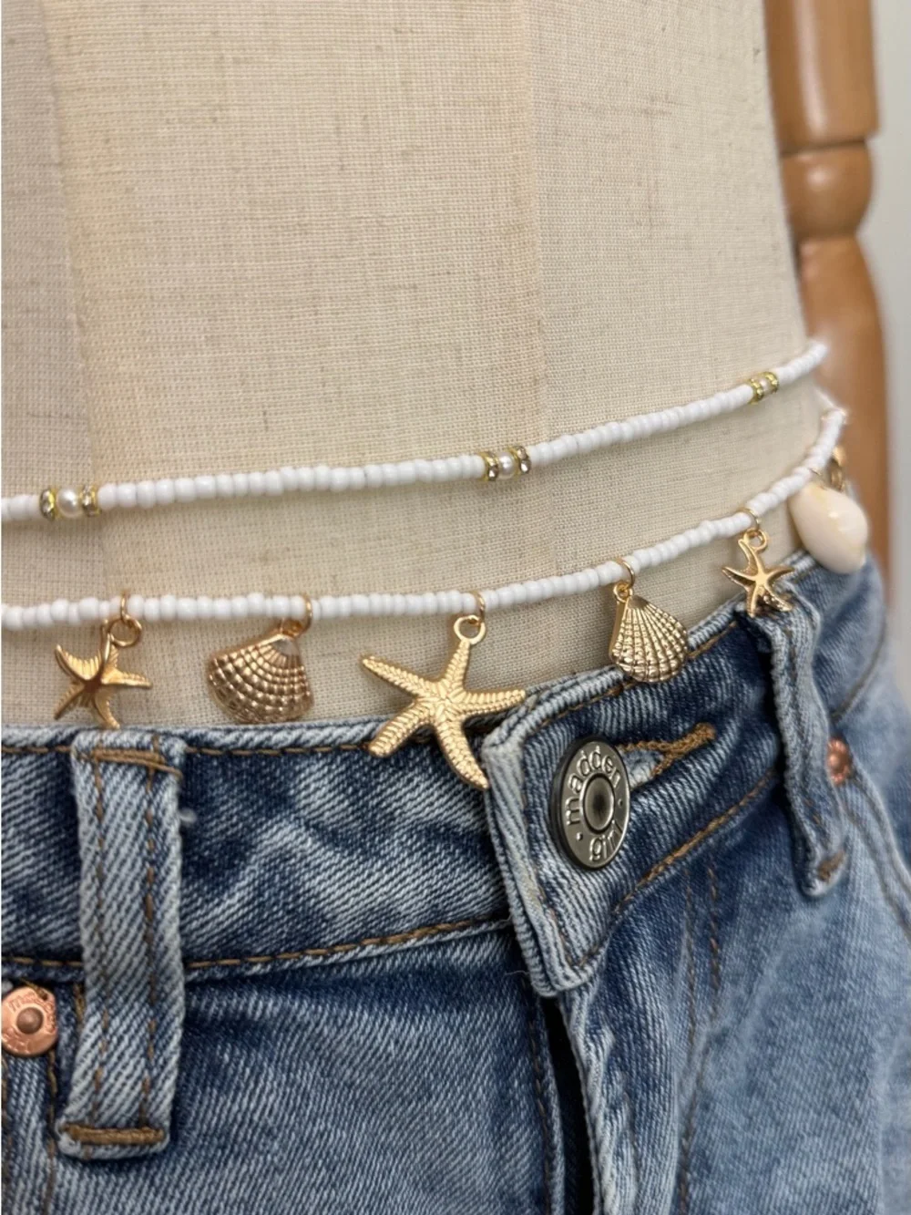 Layered Waist Chains Women White Beaded Shell Starfish Beach Belly Chain